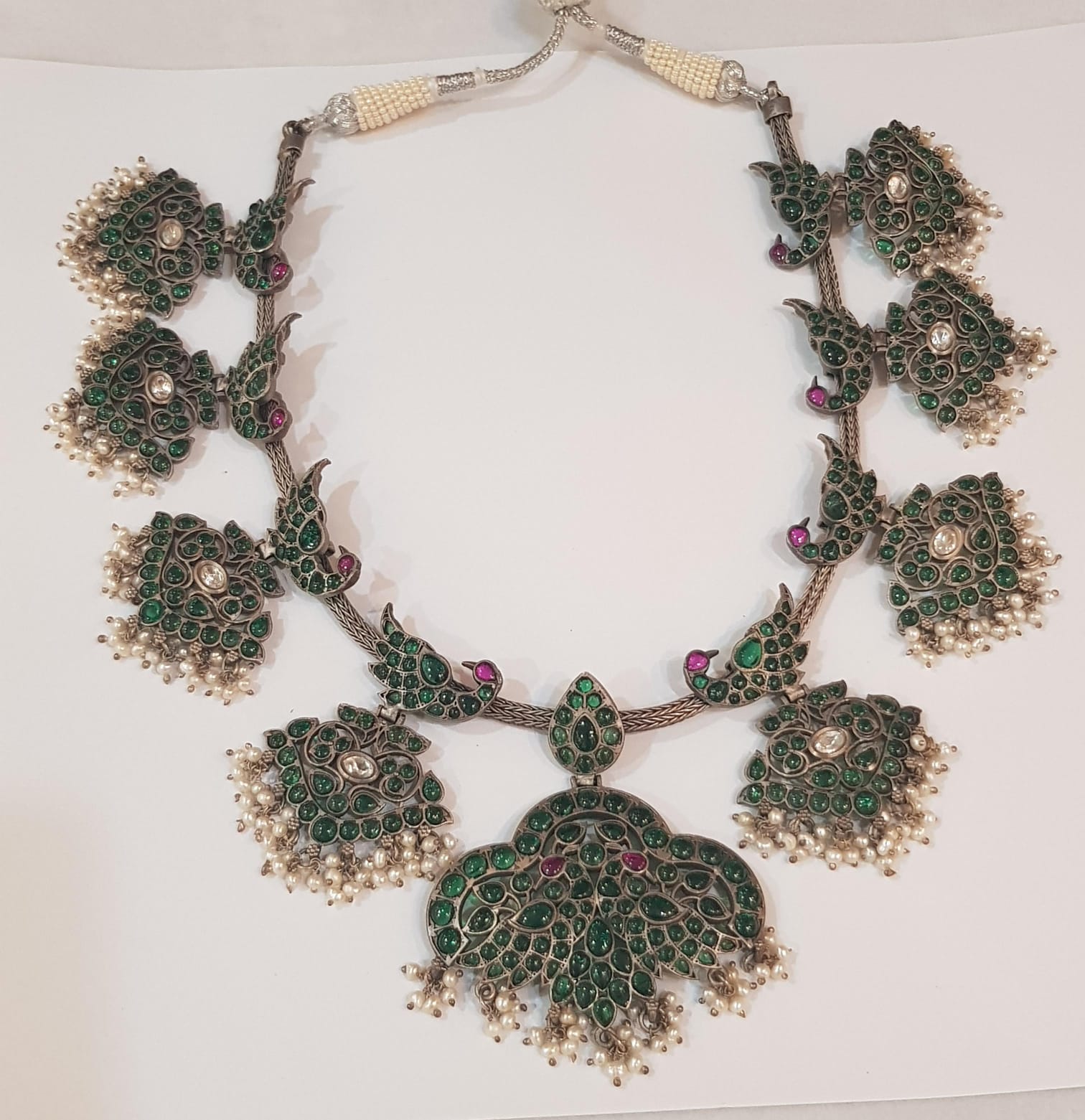 The Imperial Peacock: Antique Silver Green Guttapusalu Necklace