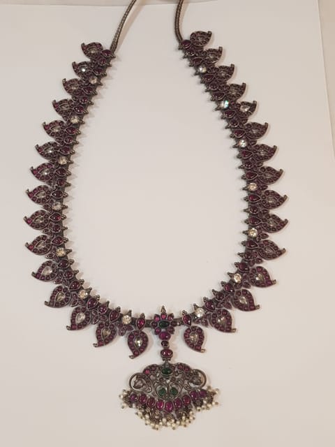 Exquisite Oxidized Silver Temple Jewelry Necklace with Ruby & Emerald Accents