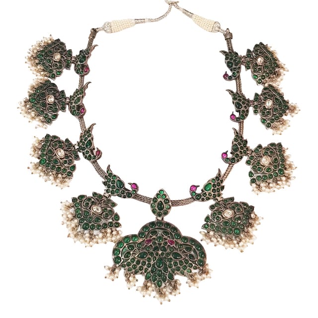 The Imperial Peacock: Antique Silver Green Guttapusalu Necklace