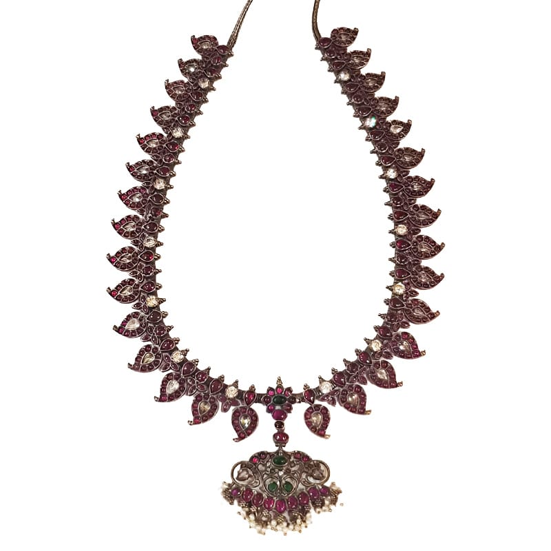 Exquisite Oxidized Silver Temple Jewelry Necklace with Ruby & Emerald Accents