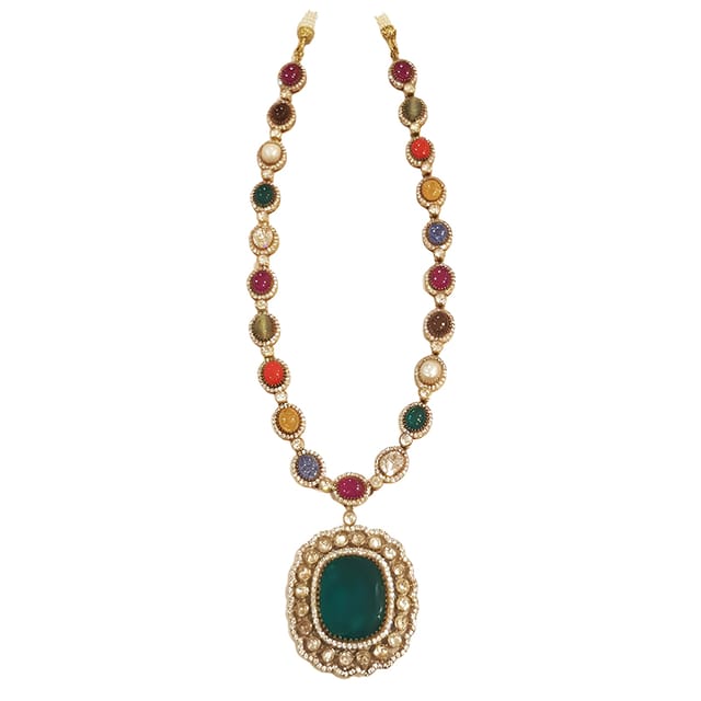 Handcrafted Multi-Gemstone Statement Necklace with Emerald Pendant