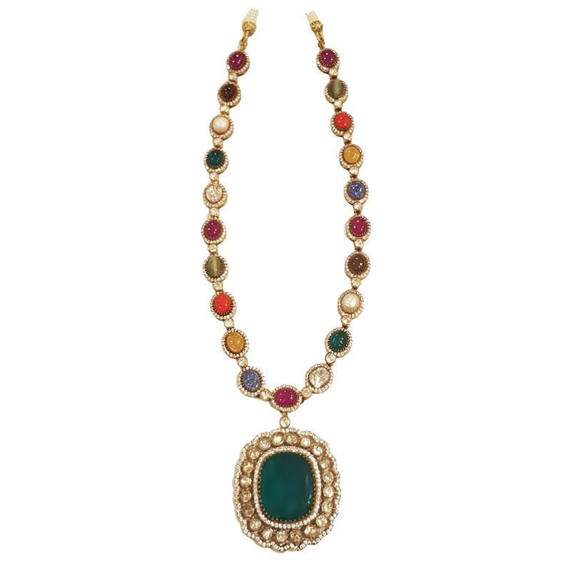 Handcrafted Multi-Gemstone Statement Necklace with Emerald Pendant