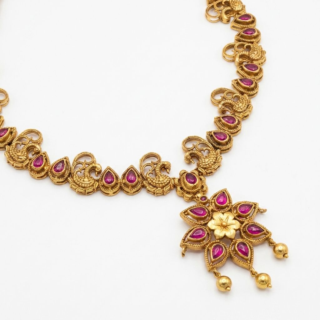 Elegant Antique Gold Temple Necklace with Ruby Accents