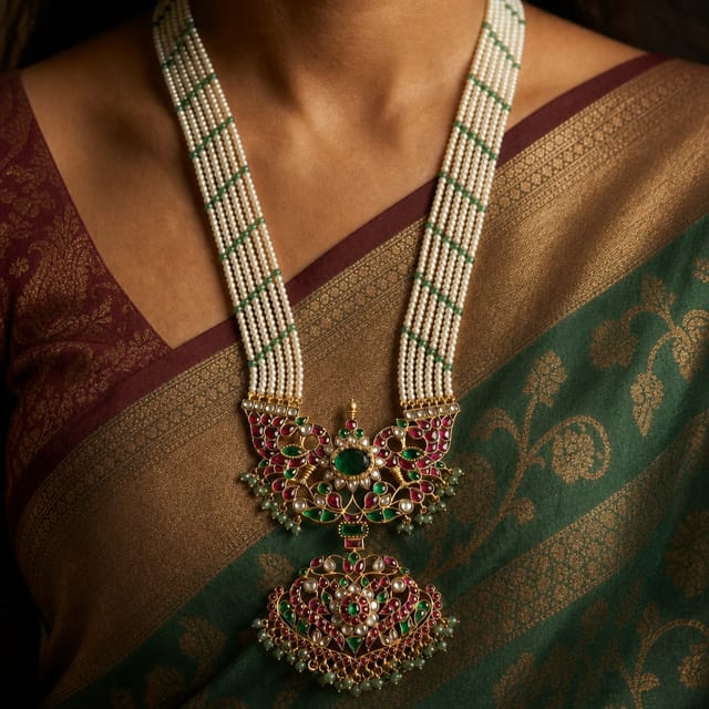 Traditional Multi-Strand Pearl & Kemp Rani Haar Festive Necklace