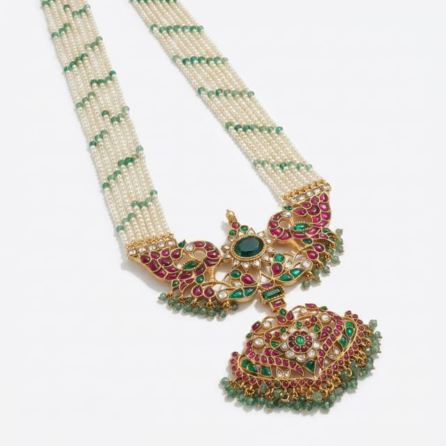 Traditional Multi-Strand Pearl & Kemp Rani Haar Festive Necklace