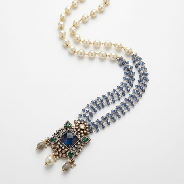 -lined box Contemporary Victorian-Style Sapphire Blue & Emerald Green Statement Necklace