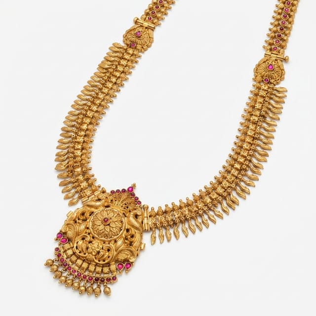 Royal Antique Gold Mango Haram with Grand Peacock Pendant