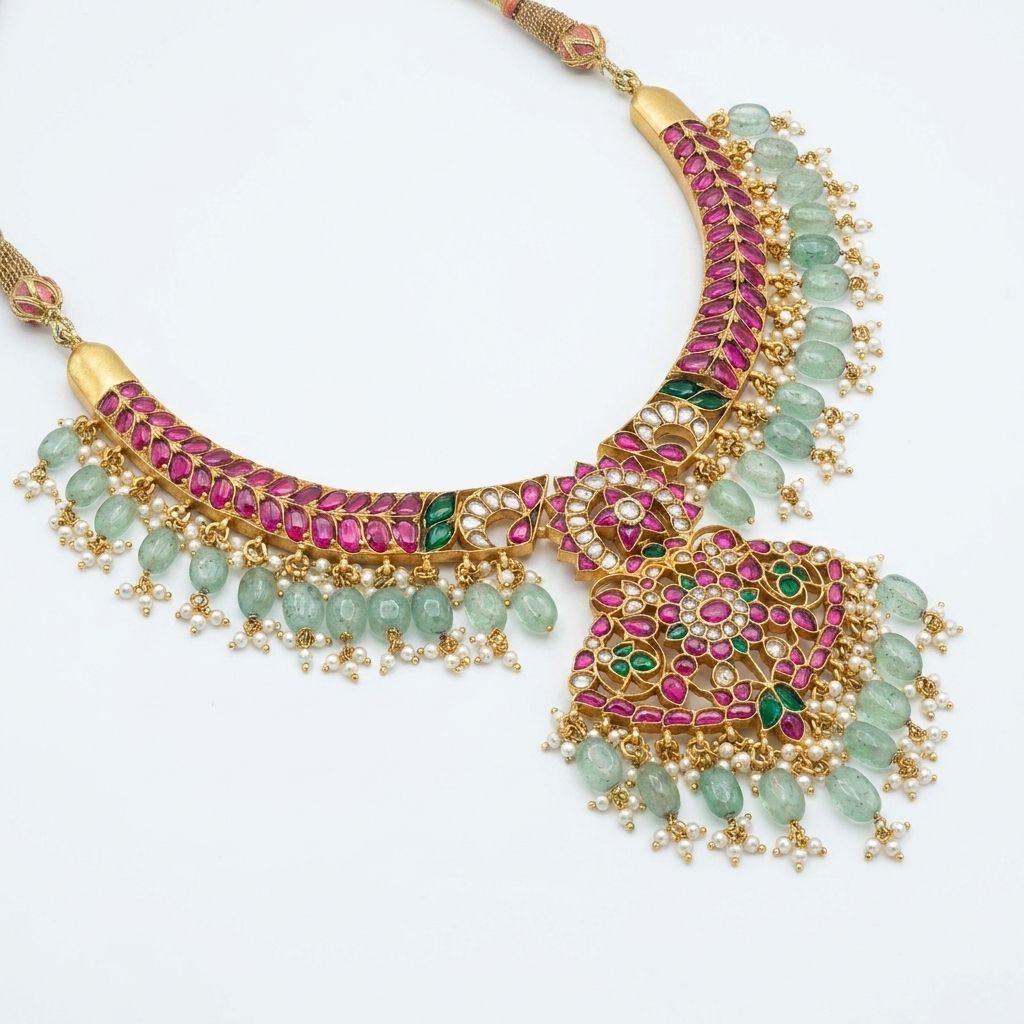 Regal Mughal-Inspired Choker with Pink Tourmaline and Mint Green Emerald Droplets