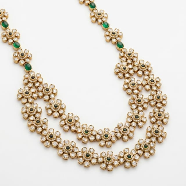 Royal Polki Diamond Floral Layered Haram with Emerald Centers