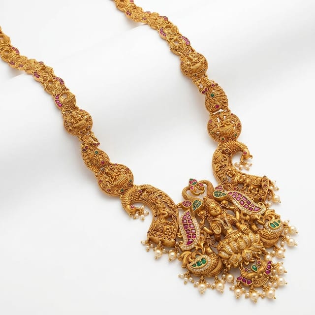 Antique Gold Lakshmi Temple Haram with Grand Peacock Motifs