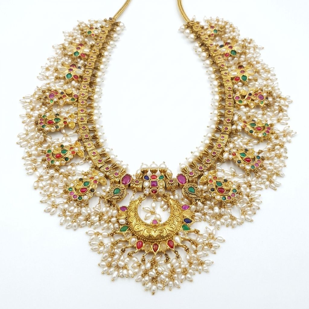 Royal Antique Gold Guttapusalu Heritage Pearl Cluster Necklace