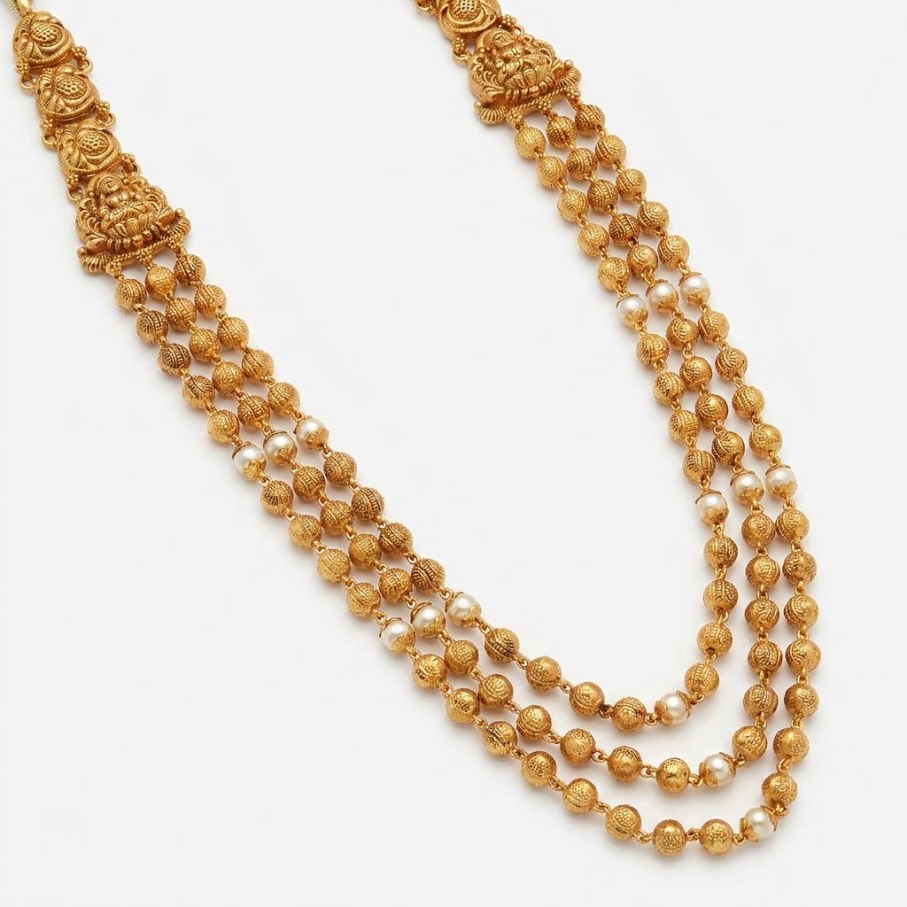 Antique Gold Multi-Strand Gidda Bead Haram with Lakshmi Side Brooches