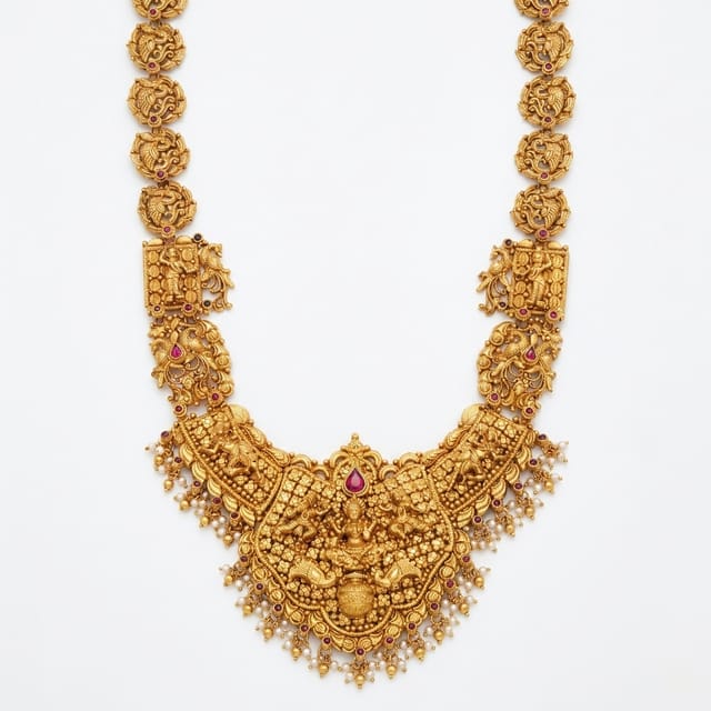 Antique Gold Lakshmi Temple U-Shaped Haram with Intricate Nakshi Work