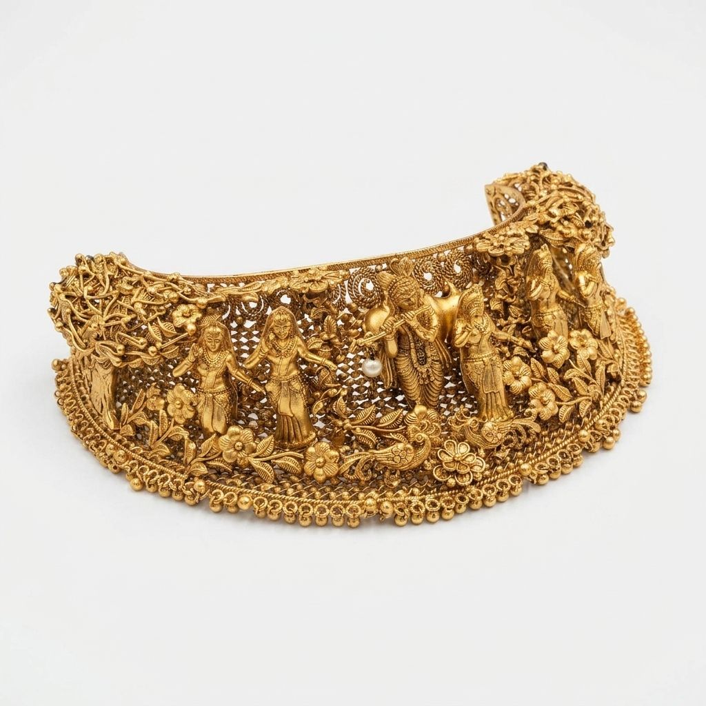 Antique Gold Krishna Leela Nakshi Choker with Intricate Mesh Work