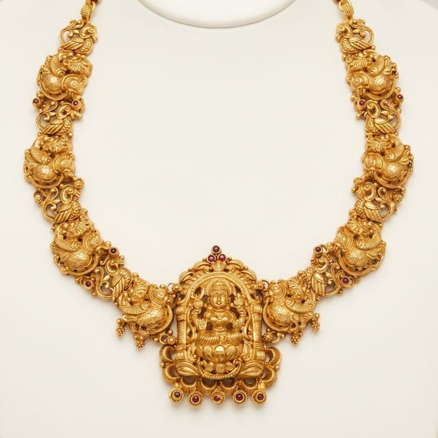 Antique Gold Lakshmi Temple Collar Haram with Guardian Peacock Motifs