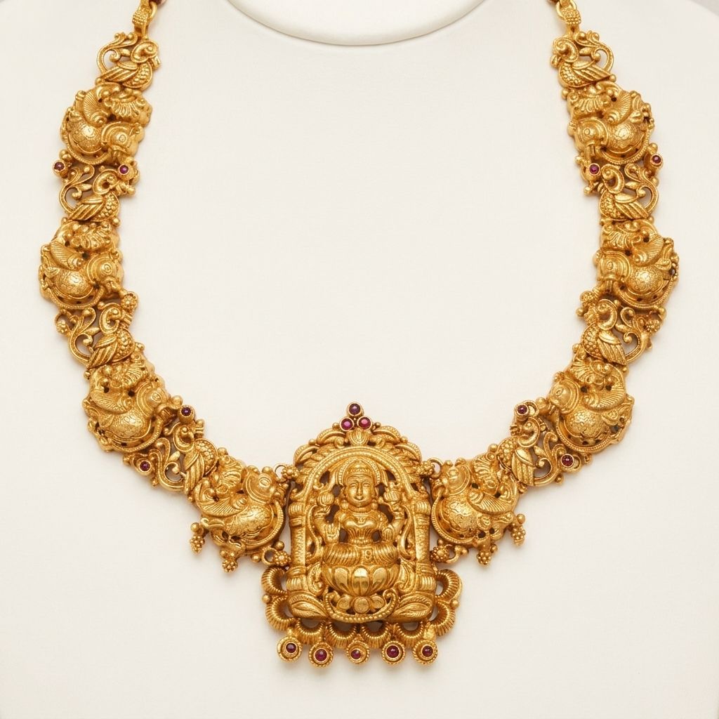 Antique Gold Lakshmi Temple Collar Haram with Guardian Peacock Motifs