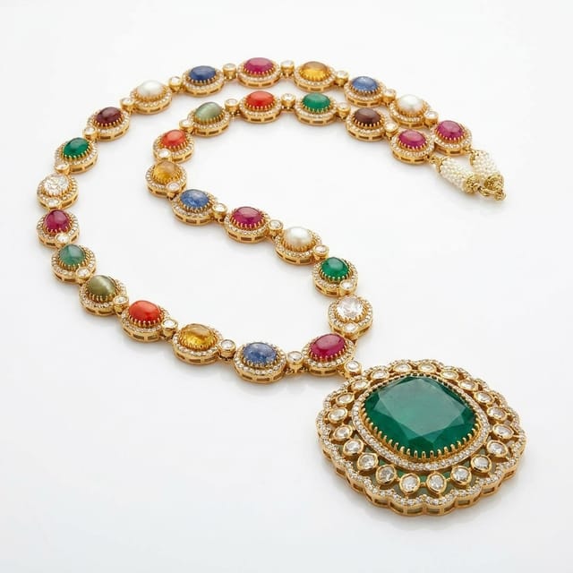 Handcrafted Multi-Gemstone Statement Necklace with Emerald Pendant