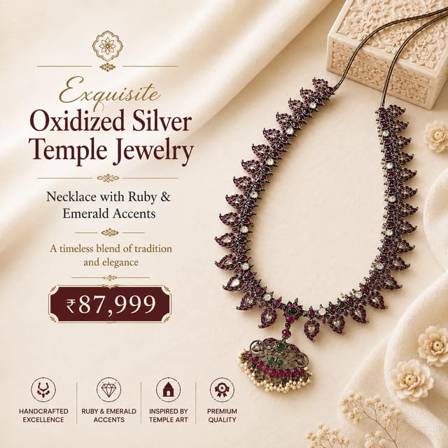 Exquisite Oxidized Silver Temple Jewelry Necklace with Ruby & Emerald Accents