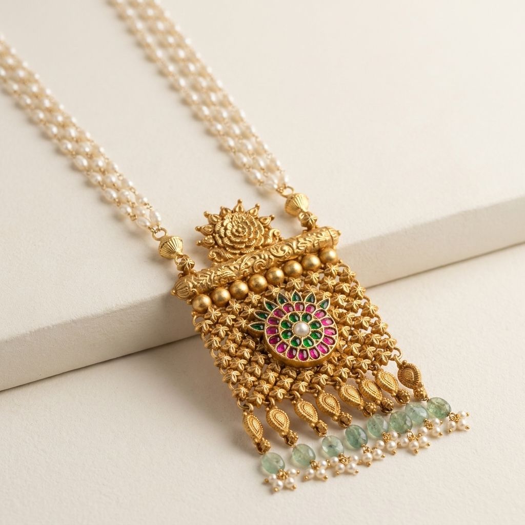 Exquisite Antique Gold Multi-Layer Pearl Pendant Necklace