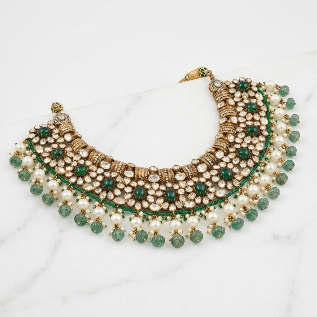 Handcrafted Antique Silver Statement Necklace – Traditional Jadau-Inspired Design with Synthetic Stones & Green Beads