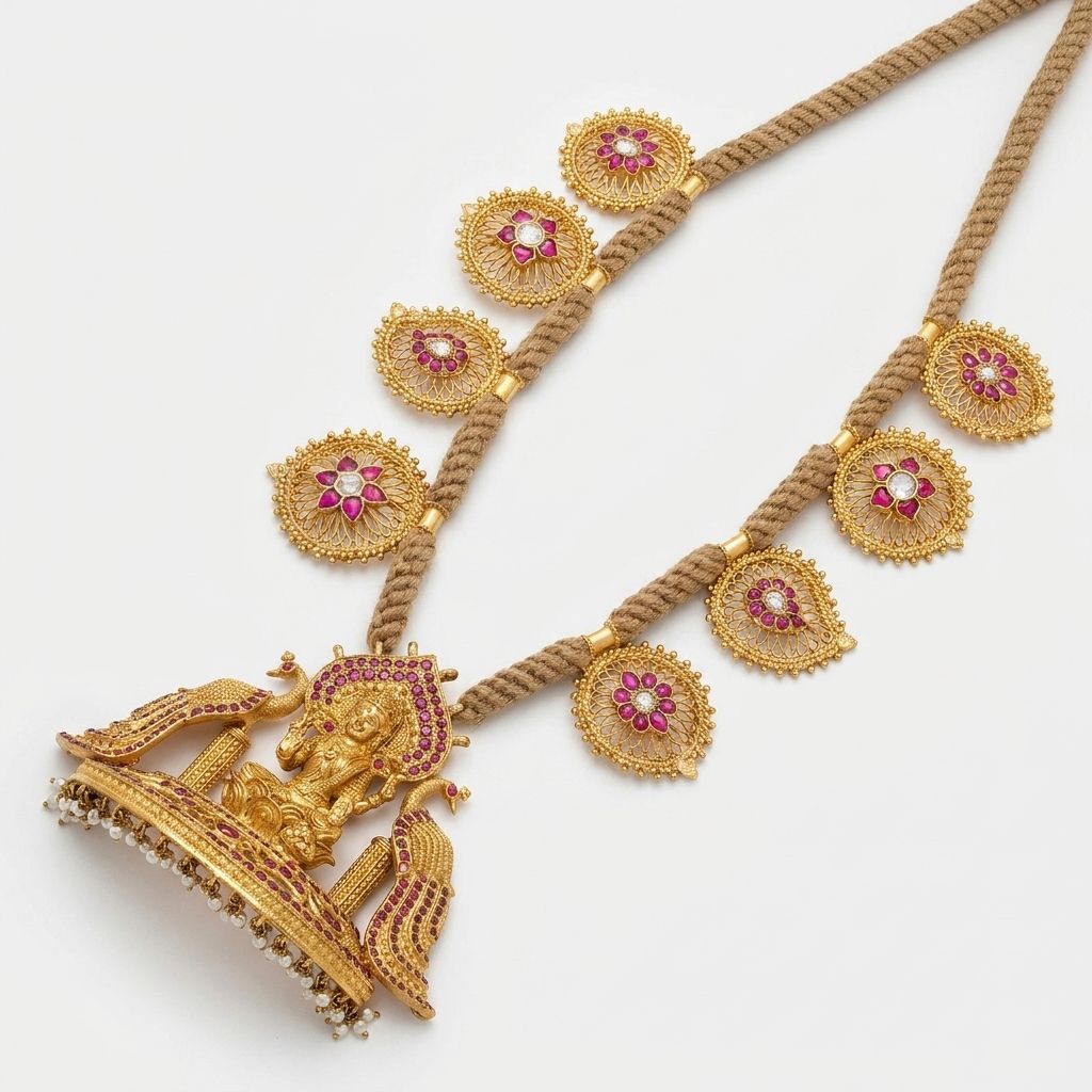 Divine Elegance: Handcrafted Lakshmi & Peacock Temple Jewellery Necklace