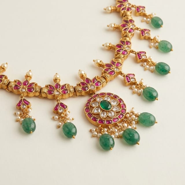 Traditional Temple-Style Floral Gold-Plated Necklace