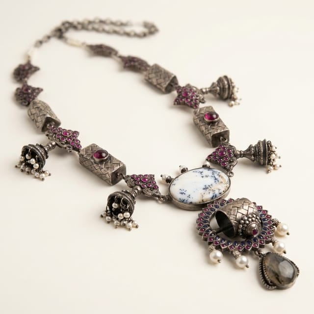 Artisanal Statement Necklace with Dendritic Agate & Jhumka Accents