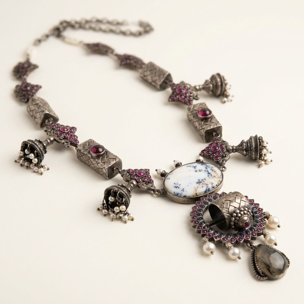Artisanal Statement Necklace with Dendritic Agate & Jhumka Accents