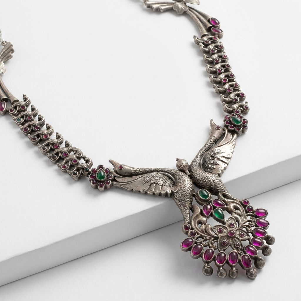 Majestic Peacock-Motif Oxidized Silver Necklace
