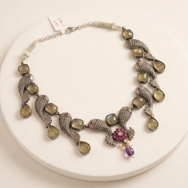 Whimsical Fish-Motif Oxidized Silver Necklace