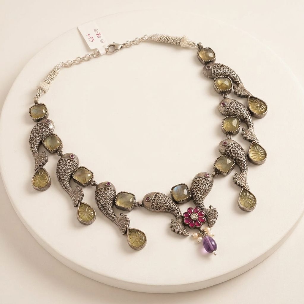 Whimsical Fish-Motif Oxidized Silver Necklace