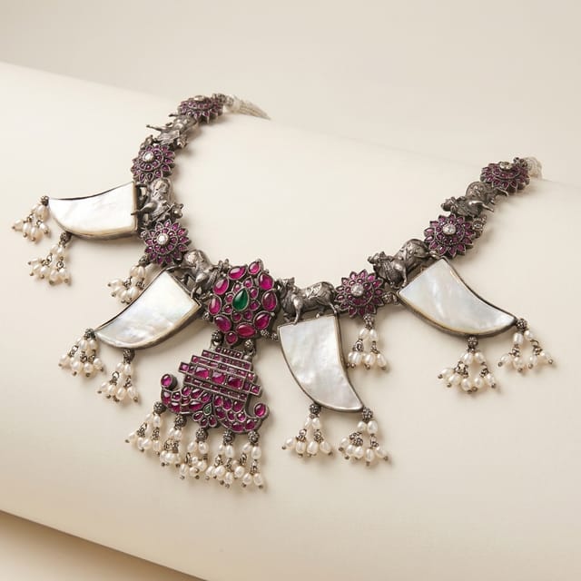 Artisan Pearl & Ruby-Tone Statement Necklace