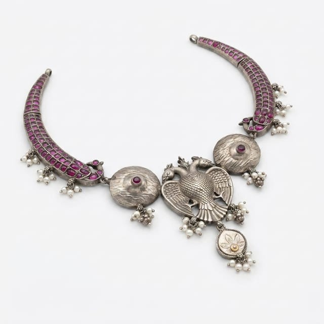 Oxidized Silver Gandaberunda & Peacock Statement Necklace