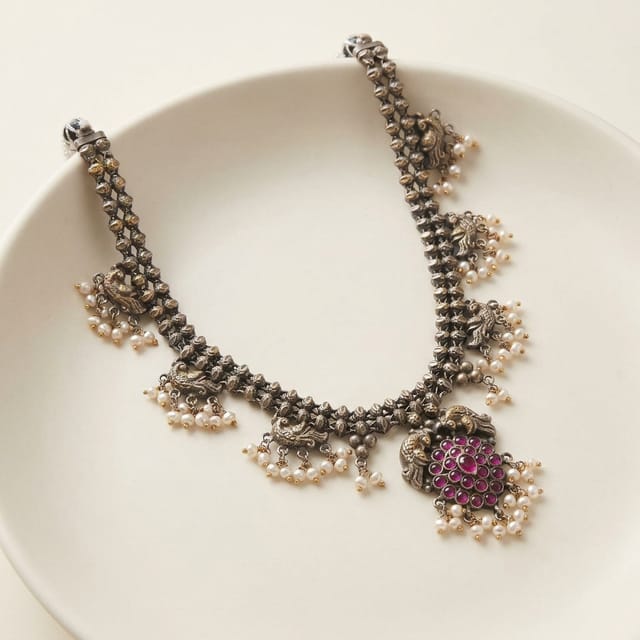 Heritage Peacock Motif Antique Silver Necklace