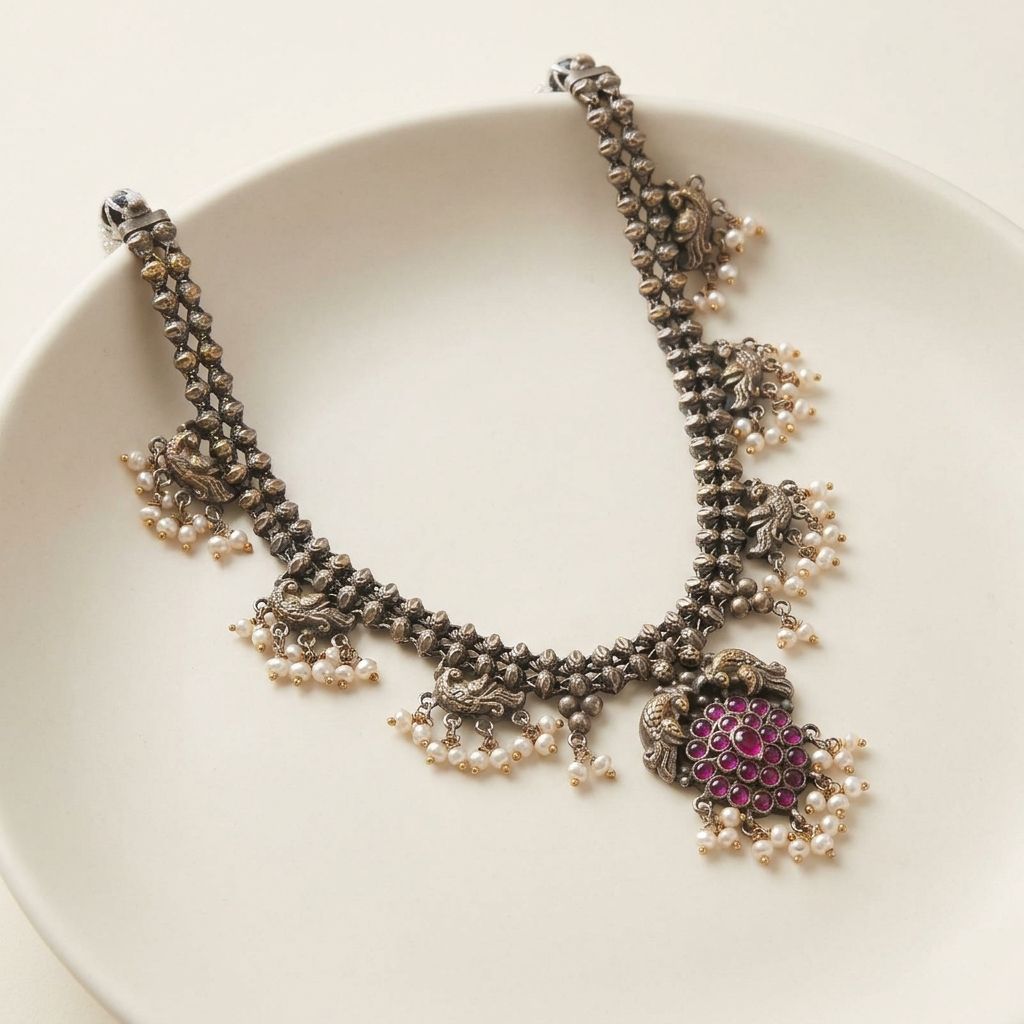 Heritage Peacock Motif Antique Silver Necklace