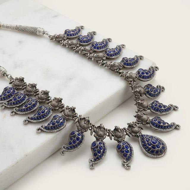 Regal Sapphire-Hued Motif Oxidized Necklace
