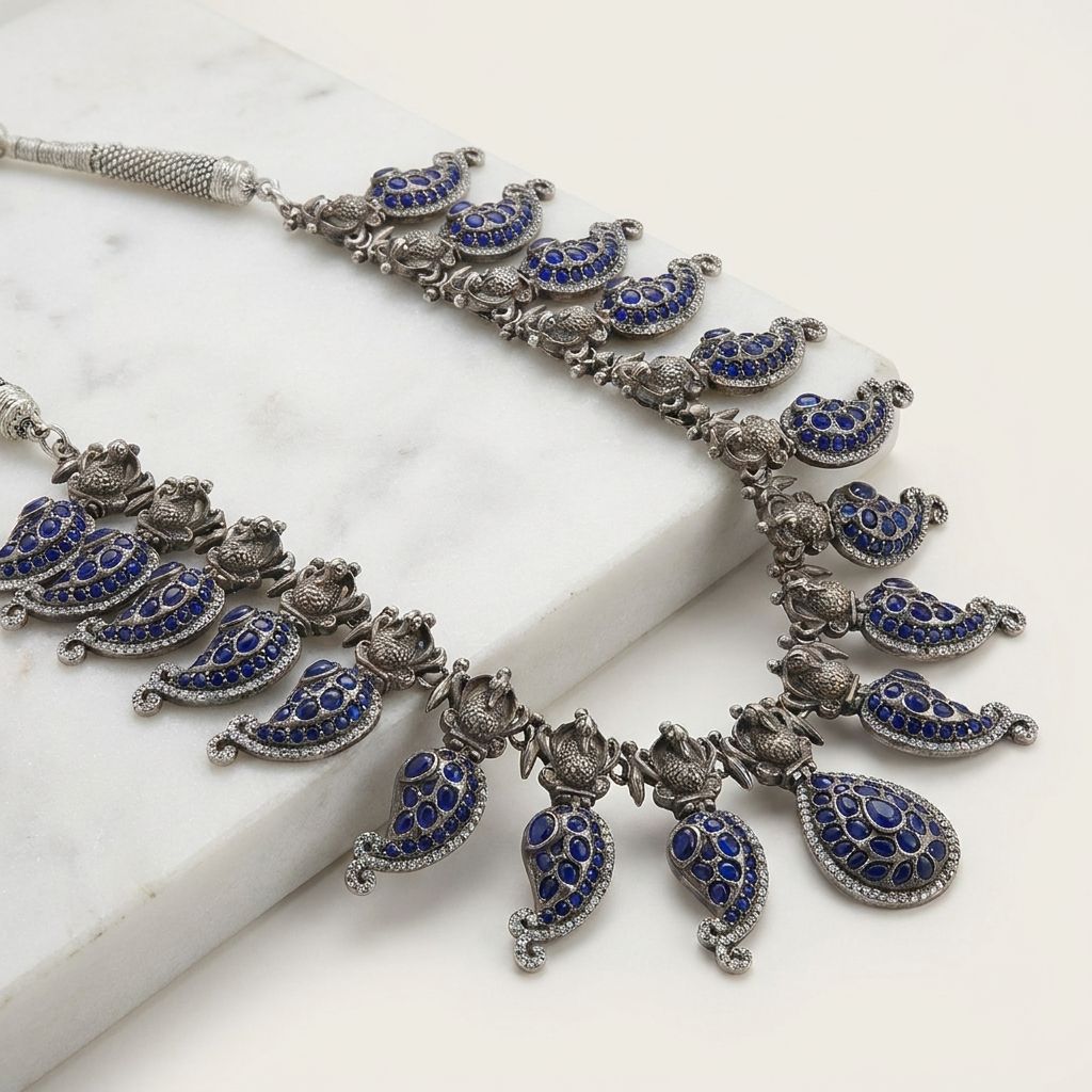 Regal Sapphire-Hued Motif Oxidized Necklace