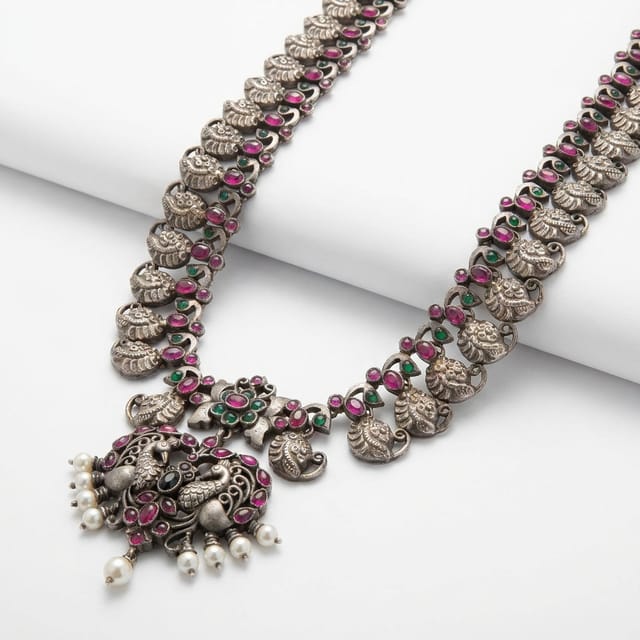 Regal Bird Motif Long Oxidized Necklace
