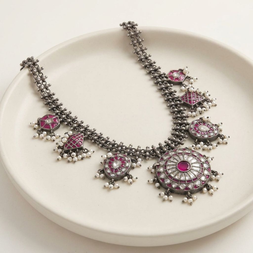 Radiant Temple-Inspired Oxidized Statement Necklace