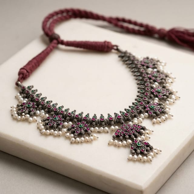 Regal Floral-Burst Oxidized Statement Necklace