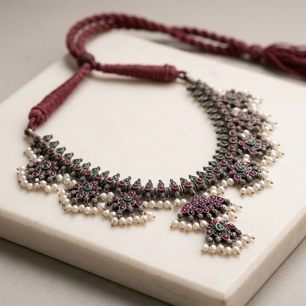 Regal Floral-Burst Oxidized Statement Necklace