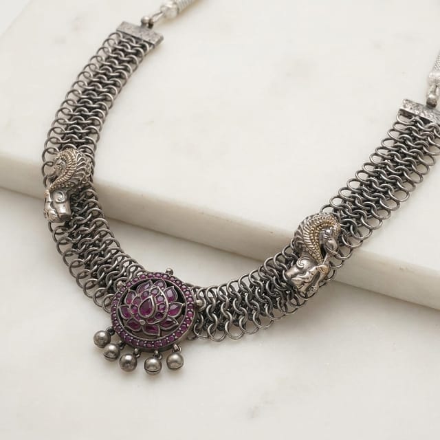 Traditional Floral Motif Oxidized Necklace