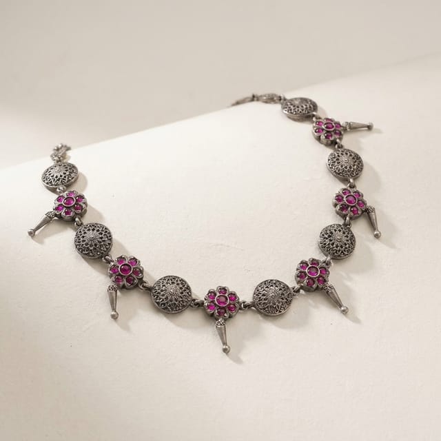 Traditional Floral Motif Oxidized Necklace