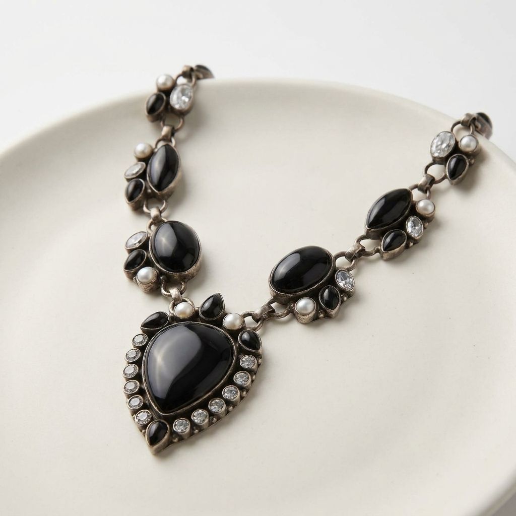 Midnight Elegance: Black Onyx, White Topaz & Freshwater Pearl Statement Necklace