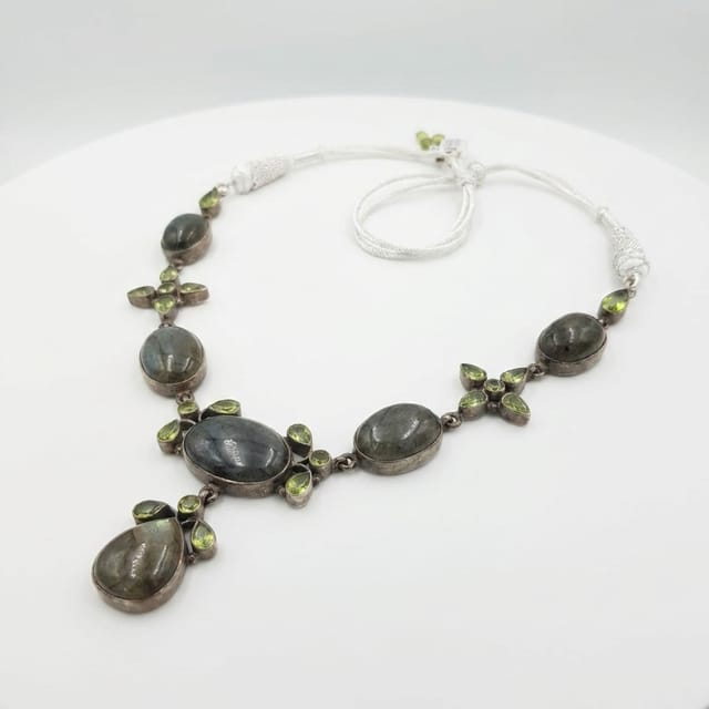  Antique Silver Labradorite and Peridot Cross-Accent Statement Necklace
