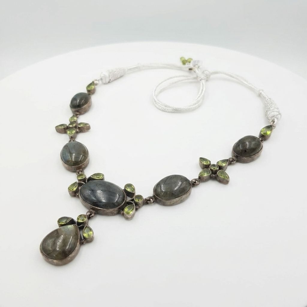  Antique Silver Labradorite and Peridot Cross-Accent Statement Necklace