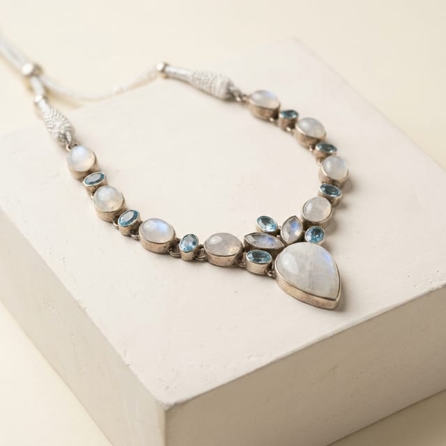 Antique Silver Moonstone and Blue Topaz Crowned Garland Necklace