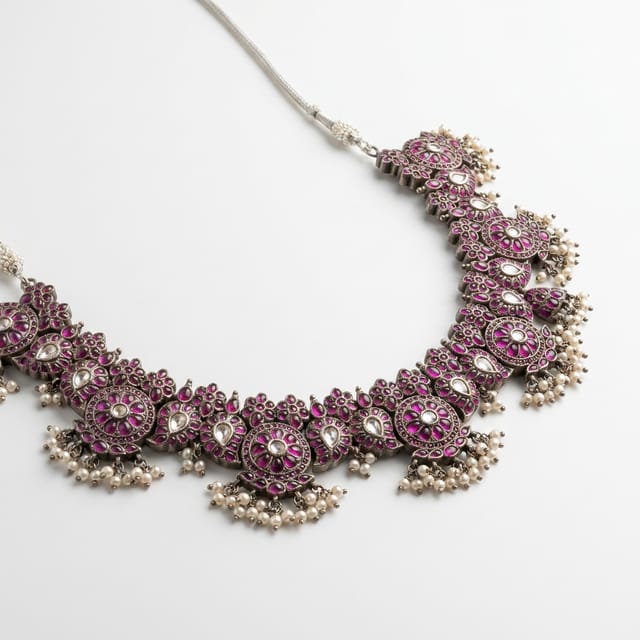 Vintage Oxidized Floral Guttapusalu Collar Necklace Vintage Oxidized Floral Guttapusalu Collar Necklace