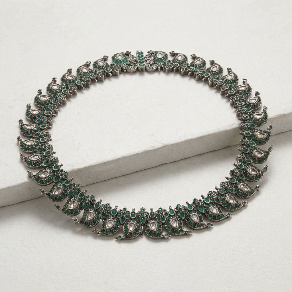 Antique Oxidized Emerald & Polki Mango Mala Necklace