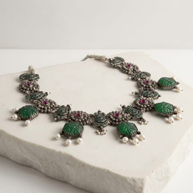 Antique Emerald Statement Geo-Hexagon Necklace Antique Emerald Statement Geo-Hexagon Necklace